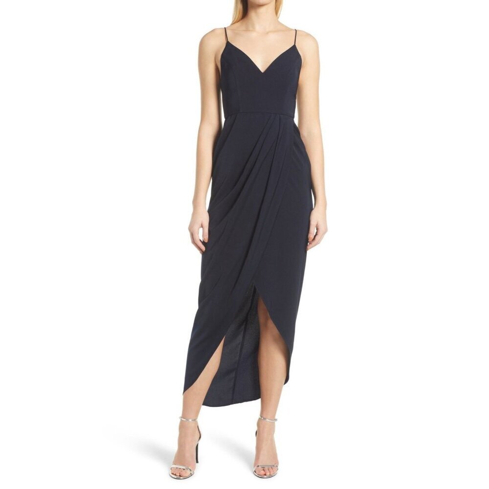 New Shona Joy Size US 4 Tulip Hem Midi Cocktail Slip Dress Sleeveless Navy Blue
